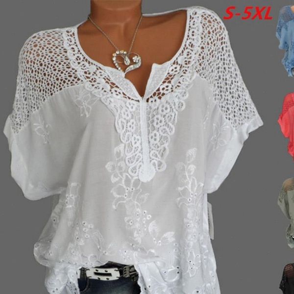 

2021 summer new women short sleeve solid color shirt fashion openwork lace crochet shirt street casual 5 color shirt size s 5xl, White