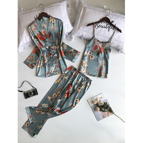 

2020 new 3 pcs women pajamas sets with pants pyjama satin flower print nightwear silk negligee sleepwear pyjama, Black;red