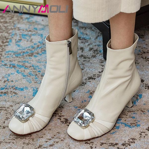 

boots annymoli crystal real leather high heel ankle short women shoes zip stiletto heels lady autumn winter beige 40, Black
