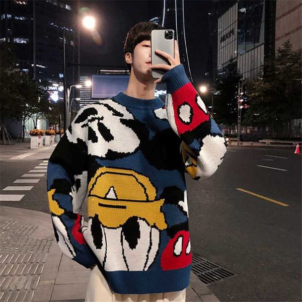 

harajuku 19ss spring and autumn cartoon hong kong style sweater couple dress thicken super fire korean sweater loose men's trend, White;black