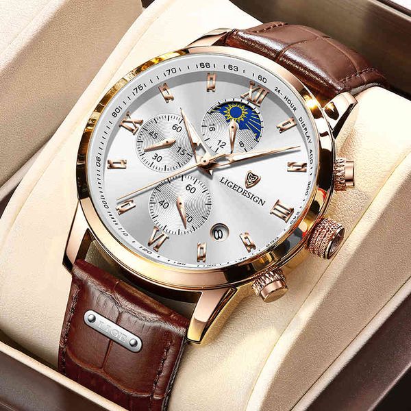 

lige business mens watches brand luxury leather waterproof sport quartz chronograph military watch men clock relogio masculino, Slivery;brown