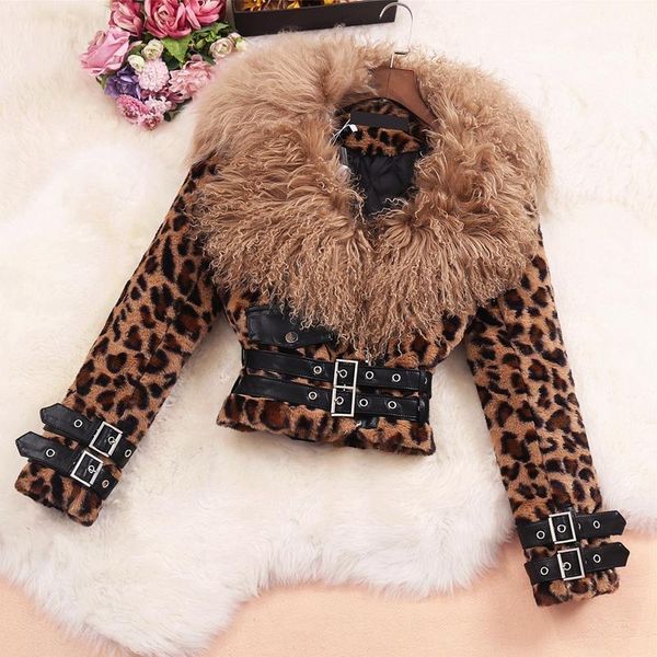 

women 2021 autumn winter new fashion leopard print jackets female thick warm cotton padded coat faux fur collar parkas c222, Black