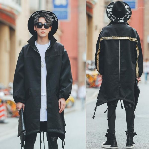 

2020 new men's trench coat personality hem high-quality men's stand collar long windbreakers golden ribbon men brand clothing1, Tan;black