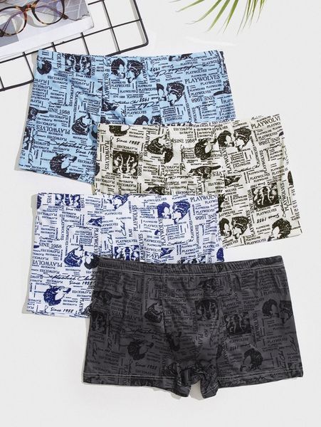 

men 4pcs random newspaper print boxer brief 77hs#, Black;brown