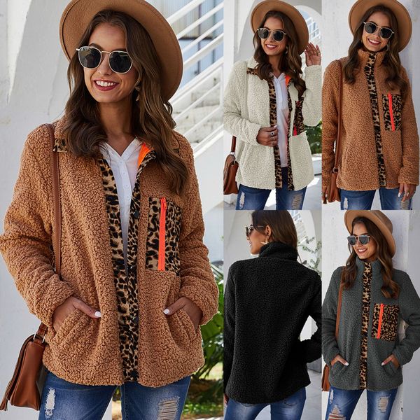 

20fw осень и куртки sexy leopard zipper кнопка зимы женские с длинными рукавами плюшевые куртки lamb кашемира стоимость размер s-2xl, Black;brown