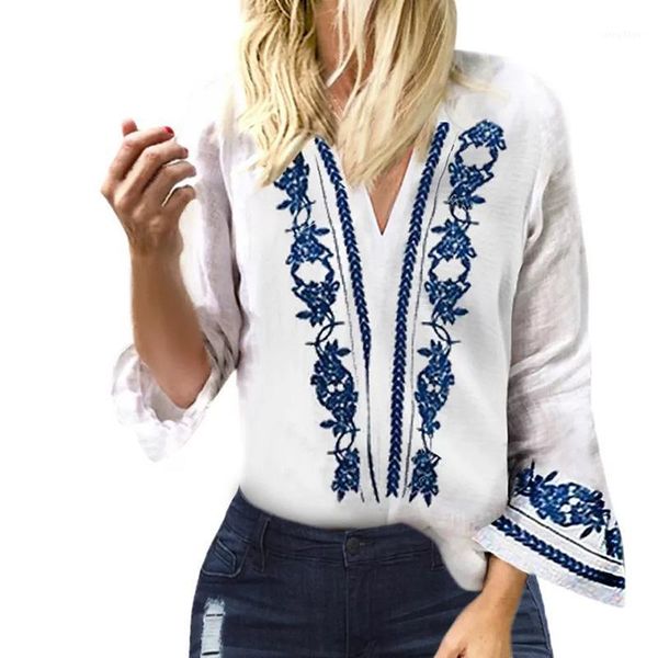 

women summer shirts v-neck long sleeve printed white fashion elegant new solid colour 1