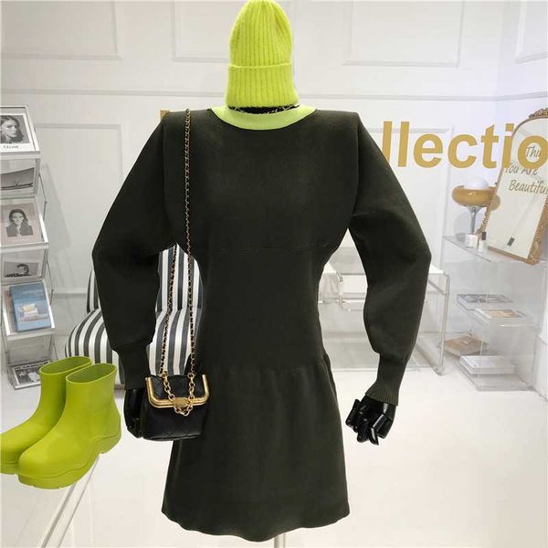 

waistline shows slim dress women's autumn/winter 2021 niche design fashion design sense street knitting a-line dress, Black;gray