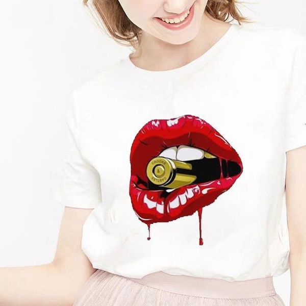 

women t shirts red mouth lip lovely print o-neck short sleeve woman all-match cotton tee funny girls shirt, White