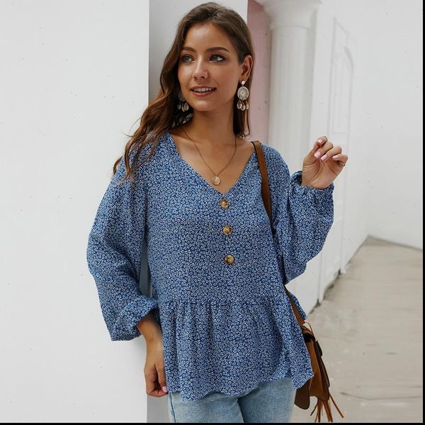 

spring summer print blouse women cotton full sleeve casual ruffles v neck shirt 2021 new, White