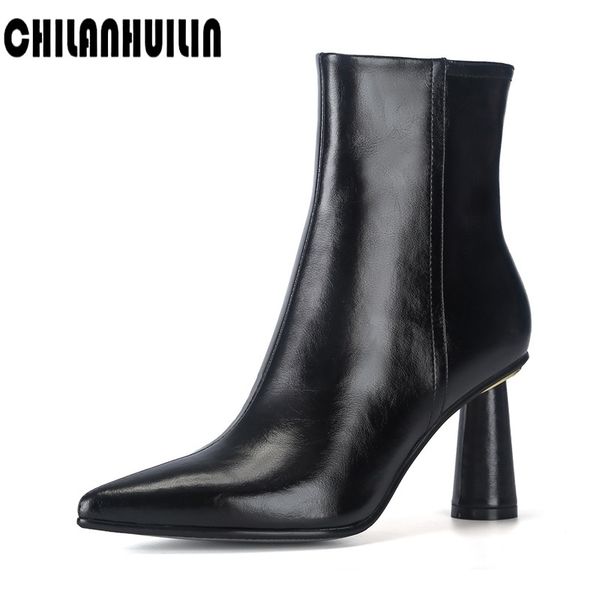 

женщины короткие сапоги ботинки крайними высокой пятки ботильоны заостренным носком коренастый пятки молния леди осень зима черные туфли нас, Black