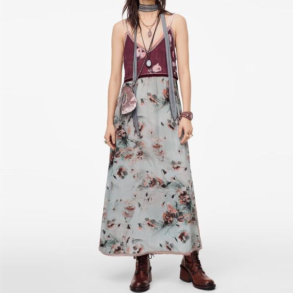 

2021 za print tank dress women v-neck thin straps party dress contrasting beading interior lining elegant side vent maxi dresses, Black;gray