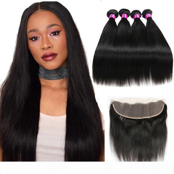 

ear to ear lace frontal closure with bundles brazilian virgin hair straight with closure 3 or 4 bundles with 13*4 closure, Black;brown