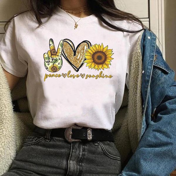 

women lady tees graphic sunflower love floral cute short sleeve print clothing 90s clothes female t shirt womens t shirt, White