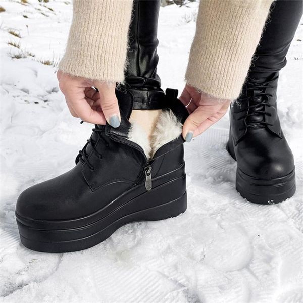 

pxelena 2021 punk rock gothic клин высокие каблуки платформы snow boots женщин реального шерсть мех натуральная кожа теплые зимние ботинки з, Black