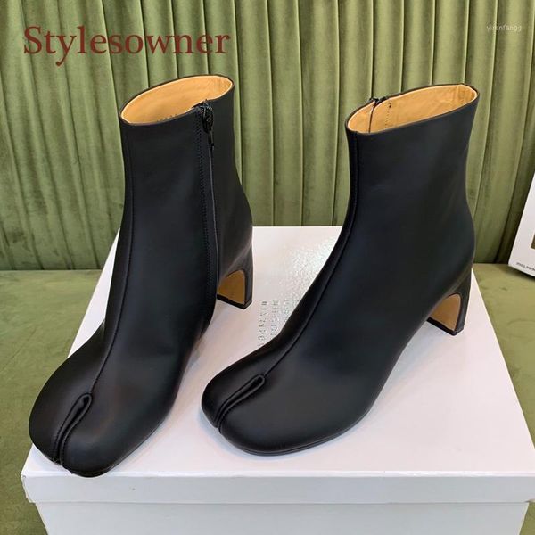 

white split toe woman short boots genuine leather round toe med mid-calf boots spring autumn fashion 2021 new shoes1, Black