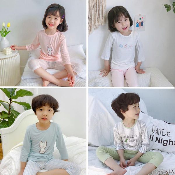 

2020 summer korean version of children's home clothing male and girl seven-sleeve set baby air-conditioning clothing cotton mordale, White