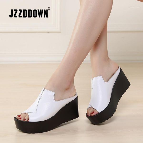 

slippers jzzddown women slipper platform sandals shoes genuine leather heel peep toe ladies luxury flip-flops1, Black