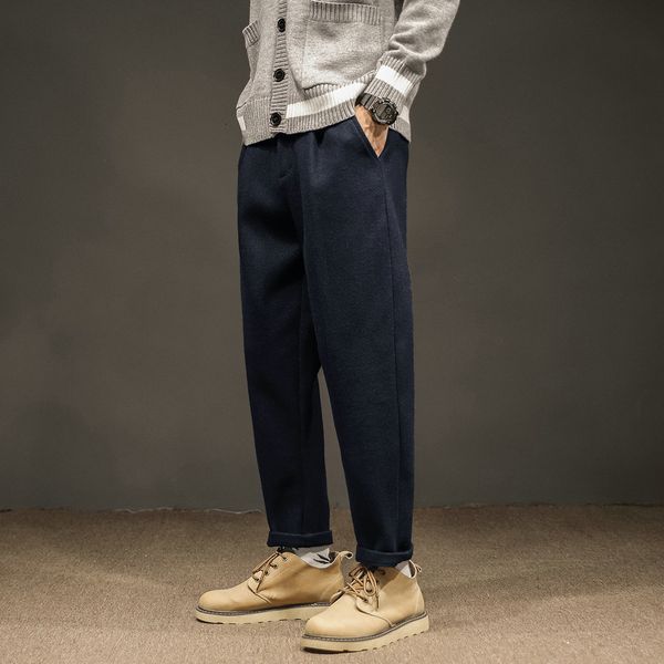 

2020 tweed casual autumn and winter new versatile loose straight thickened men's polished suit pants, Black