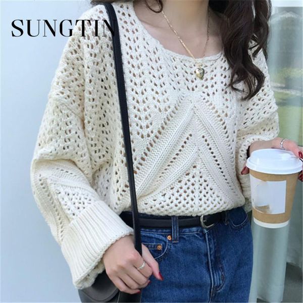 

sungtin warm solid hold out sweater for women autumn 2020 o neck loose office lady knitted pullover casual chic hiver cloth1, White;black