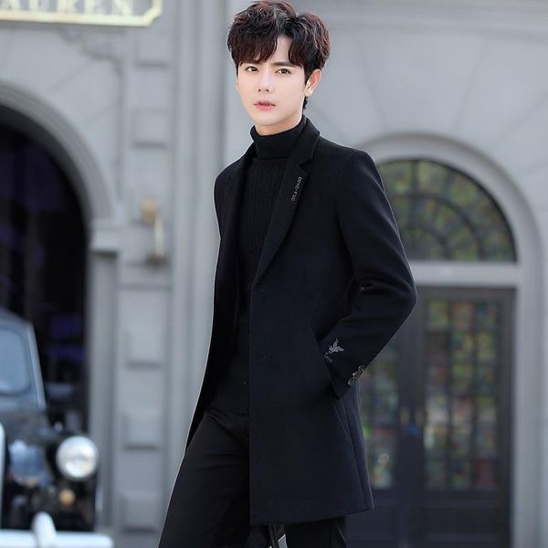 

new 2020 korean men's windbreaker solid wool medium length youth popular lapel casual coat, Black