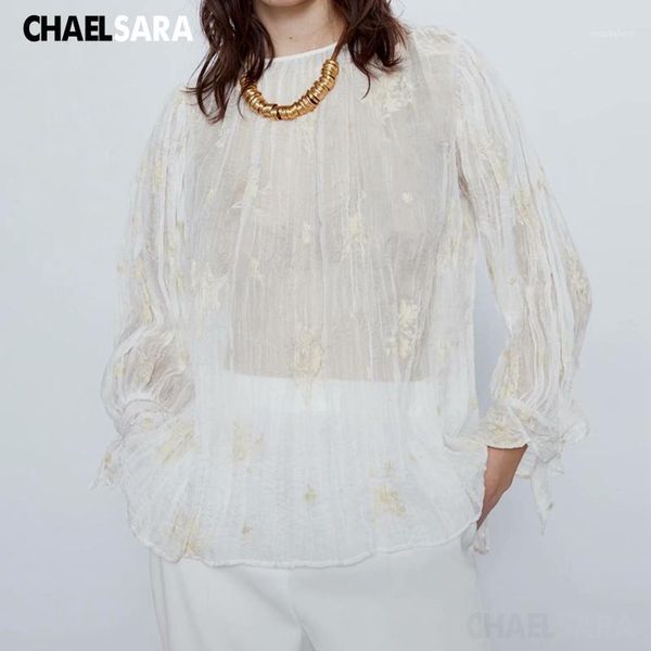 

2020 new elegant embroidery chiffon shirts women o-neck long sleeve bow lady summer loose and blouses1, White