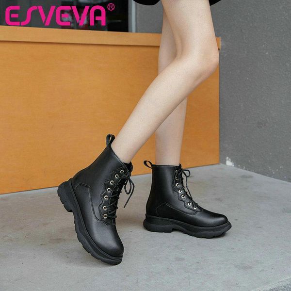 

esveva 2021 lace up elegant classic zipper square low heel pu+leather ankle boots platform women boots shoes size 34-43, Black