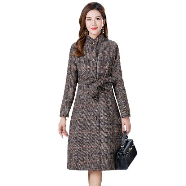 

high-end woolen coat women blended wool outerwear single-breasted plaid trench coats autumn winter elegance overcoat a1580, Tan;black