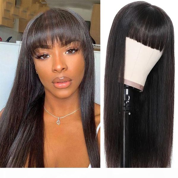 

brazilian straight human hair wigs with bangs remy full machine made human hair wigs for women 10-24 inch fringe wig, Black;brown