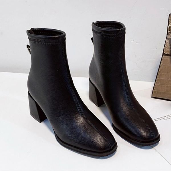 

boots women thick heel ankle solid color round head short tube square root heels leather casual shoes1, Black