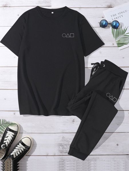 

men geo print tee & drawstring waist sweatpants u3gh#, Gray