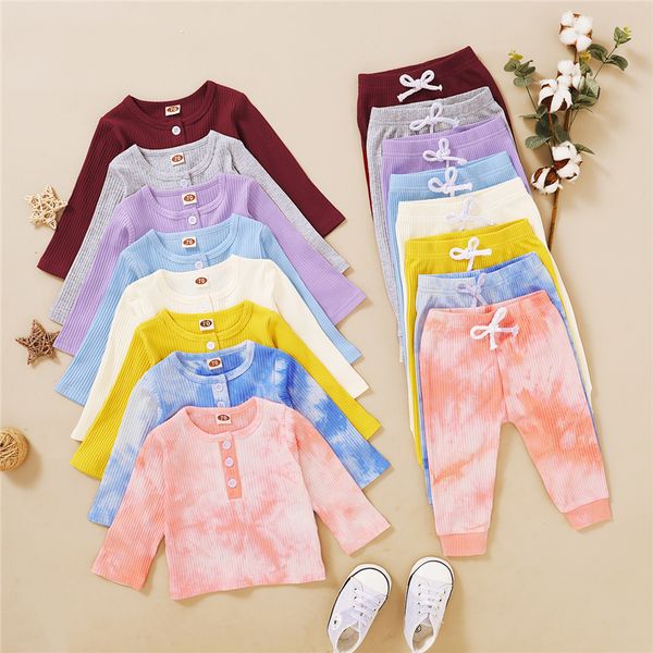 

2020 fashion children clothing solid color infant baby boy girl clothes tie-dye printed trousers t-shirt set for newborn 1021, White