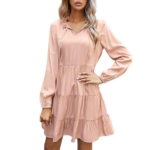 

casual pink mini dress long sleeve tall waist slim dresses fashion v-neck collar floured hem vestidos, Black;gray