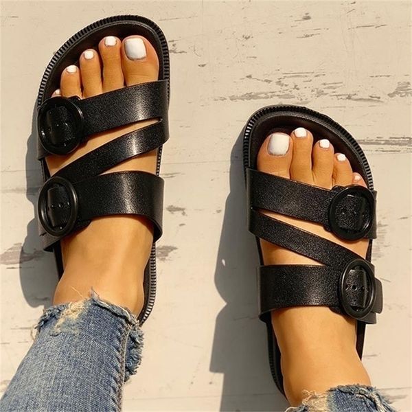 

summer women gladiator slippers buckle strap flip flops fashion female pu flat slides non-slip ladies solid outdoor casual shoes y200423, Black