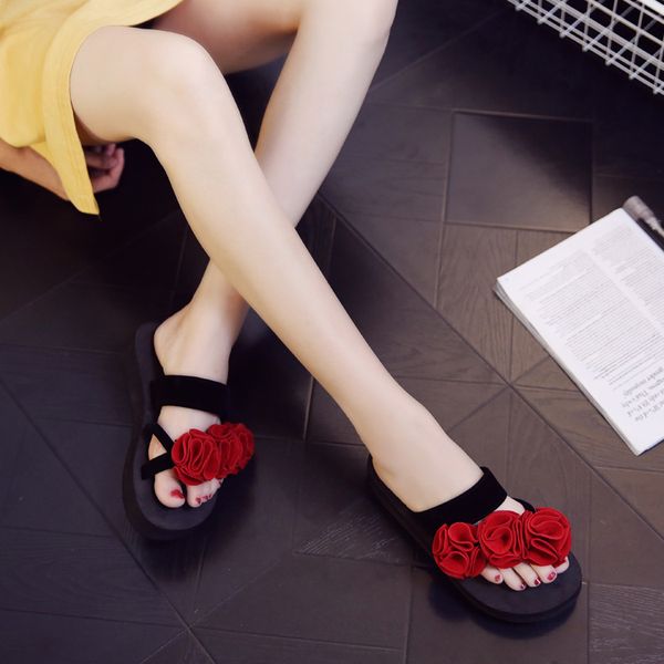 

slippers women summer flat shoes female low luxury slides rubber flip flops flower on a wedge butterfly-knot beach designer x1020, Black