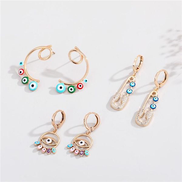 

hoop & huggie 1pair vintage creative turkish evil eye pin earrings for women punk ethnic hollow colorful round lucky ear stud jewelry, Golden;silver