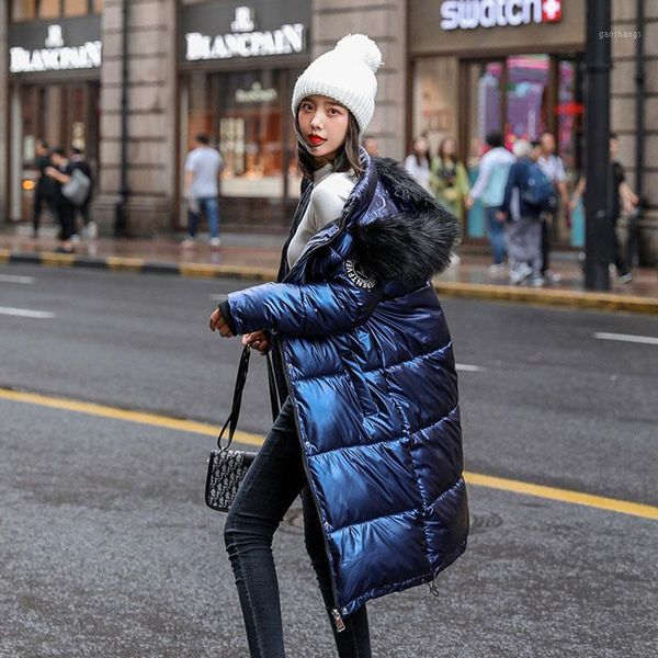 

women long detachable fur collar glossy hooded oversize winter down coat student thick warm jacket cotton padded wadded parkas1, Black