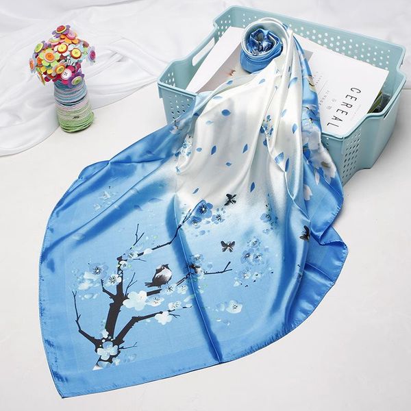 

scarves fashion floral print scarf for women square shawl silk satin hijab scarfs female 90cm*90cm kerchief headband ladies, Blue;gray