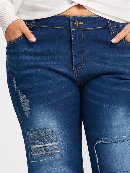 

women's jeans 2021 fashion women slim juans destroyed ripped distressed denim mid wasit plus size, Blue