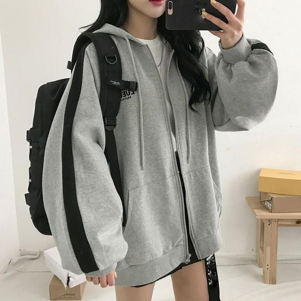 

women hooded splicing long sleeve jacket coat loose cotton jacket fashion spring hoodies autumn women zipper casual coats#3s, Gray