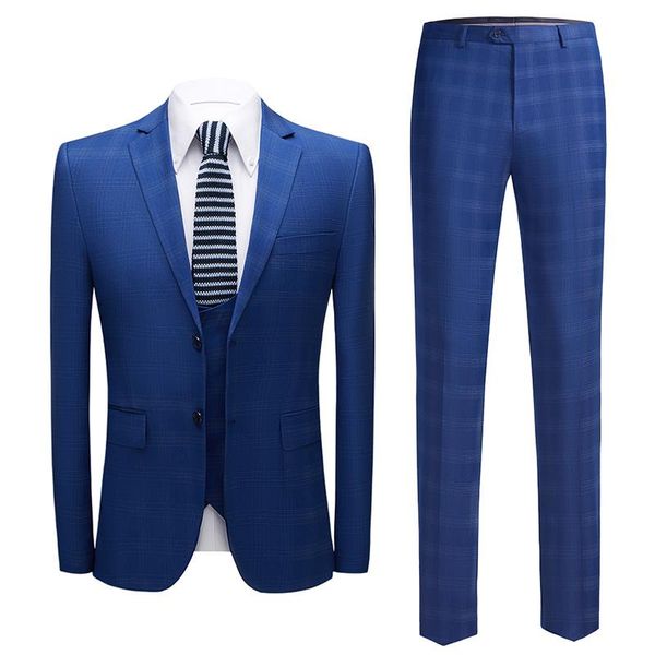 

new arrival in 2021, high-quality boutique casual navy blue plaid three-piece business suit, men's suit jacket trousers vest, White;black