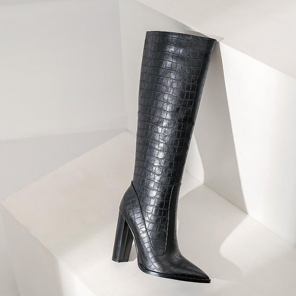 

boots knee high for women wind calf microfiber leather side zipper heels bots winter party shoes woman1, Black