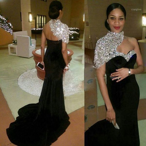 

luxury black long women evening dresses 2020 high neck crystal beaded pageant mermaid gown for formal evening party gowns x-231, White;black