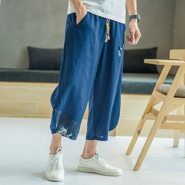 

2021 summer new quality 100% linen cropped pants mens clothing brand japanese chinese style fashion loose casual pants blue, Black