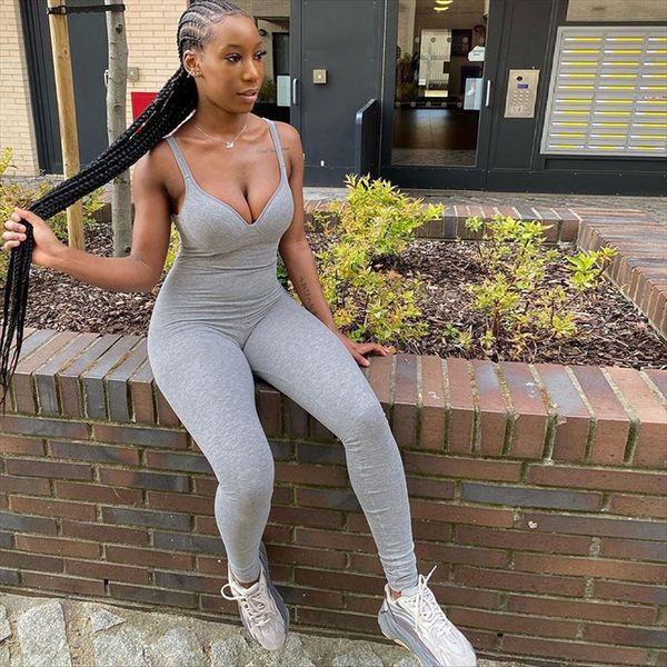 

sleeveless v neck bodycon jumpsuit 2020 summer women casual sports jumpsuit streetwear outfits jumper rompers new, Black;white