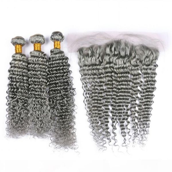 

deep wave virgin indian silver grey human hair ear to ear 13x4 lace frontal closure with 3bundles pure grey color human hair weaves, Black