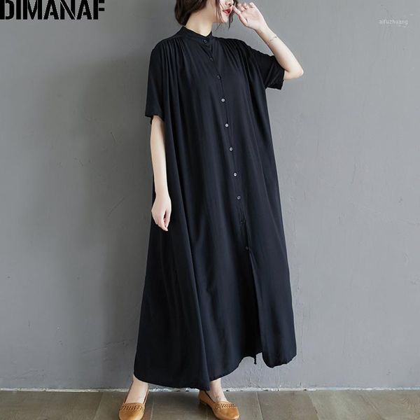 

dimanaf plus size dress women clothing summer cotton lady vestido sundress pleated loose casual button cardigan shirt maxi dress1, Black;gray