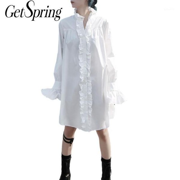 

getspring women shirt ruffles flare sleeve cotton black white woman blouses shirts casual loose long women bloues 2020 new1