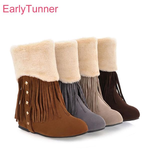 

brand new winter warm thick fur yellow gray women snow boots fashion wedge heels ladies tassel shoes eh99 plus big size 42, Black