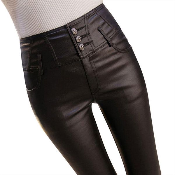 

plus velvet leather pants women autumn winter high waist leggings women plus size 3xl stretch skinny leggins long trousers c5020, Black
