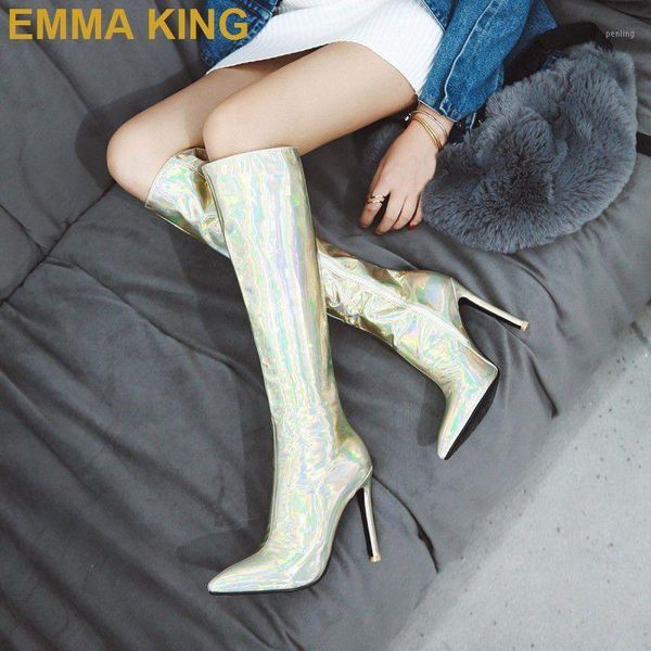 

chic rainbow color women knee high boots pointy toe ladies high heels gold/silver leather boots woman winter shoes1, Black